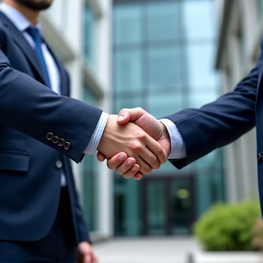 Business partners shaking hands in front of a corporate building